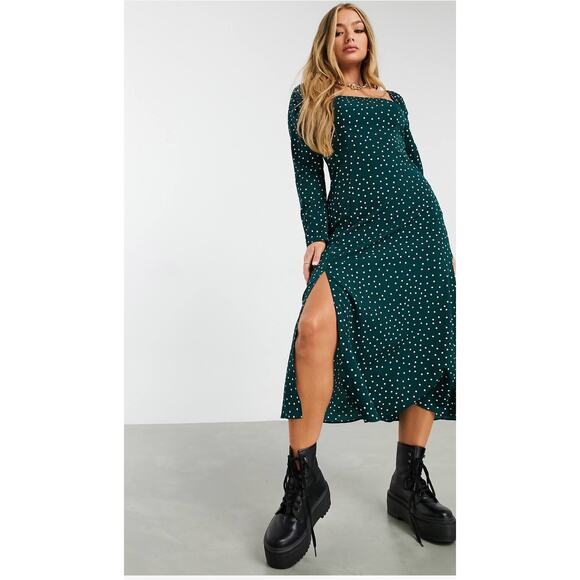 ASOS Polka Dot Square Neck Front Split Midi Dress Size 0 Green - Picture 1 of 9